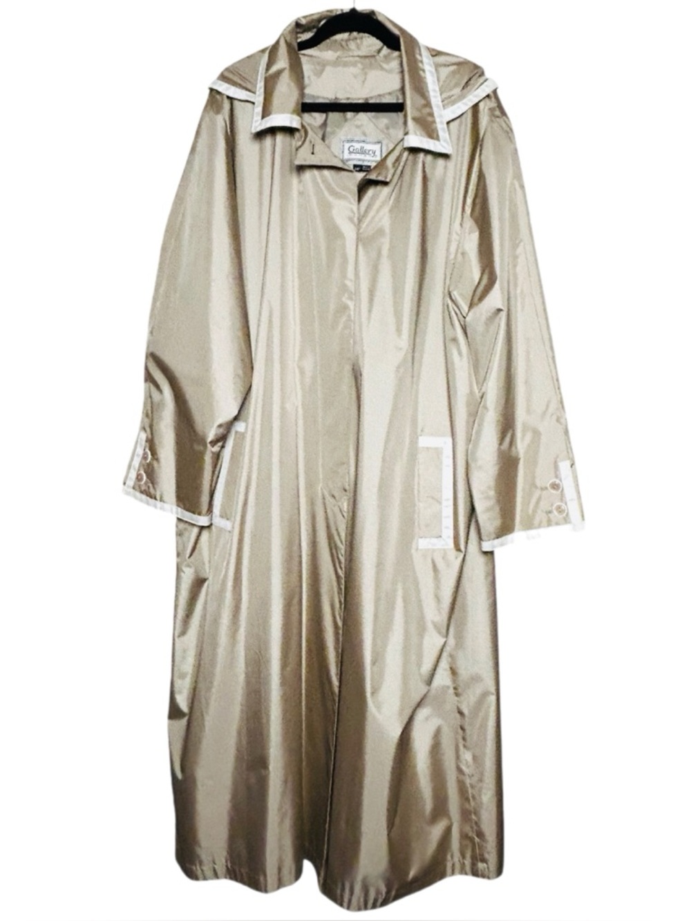 Gallery Champagne Hooded Belted Long Trench Rain Coat with White Trim Size 24